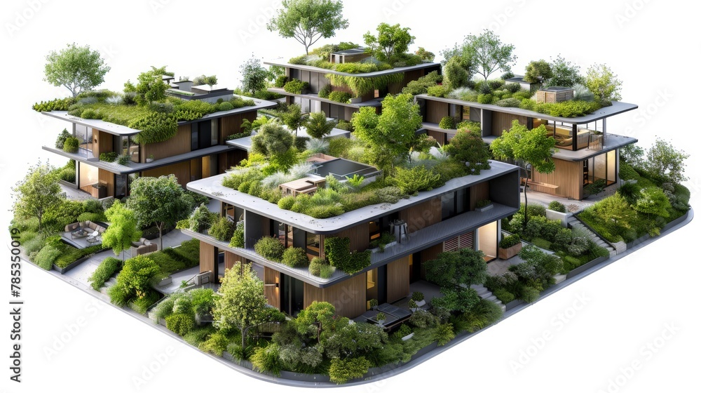 A row of houses with green roofs and trees on top
