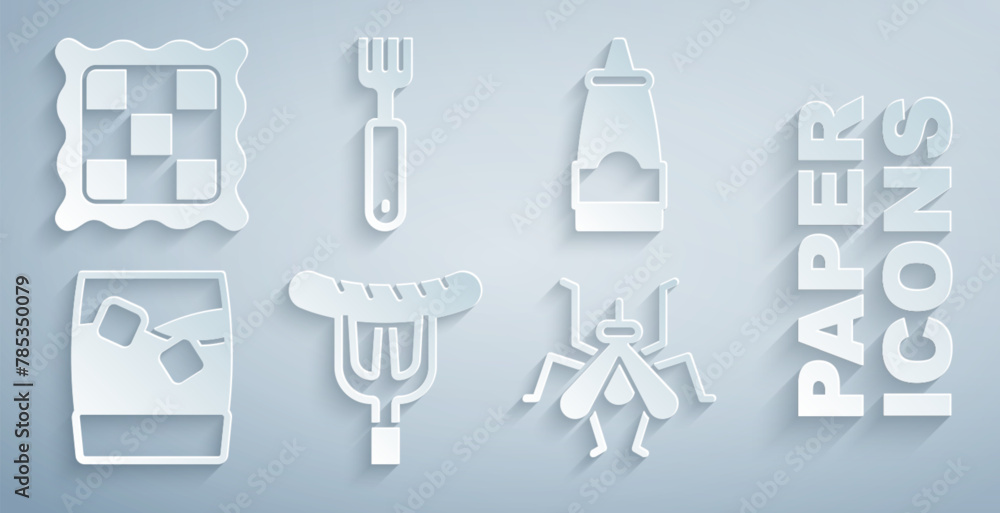 Set Sausage on the fork, Sauce bottle, Glass of whiskey with ice, Mosquito, Fork and Checkered napkin icon. Vector Set Sausage on the fork, Sauce bottle, Glass of whiskey with ice, Mosquito, Fork and Checkered napkin icon. Vector