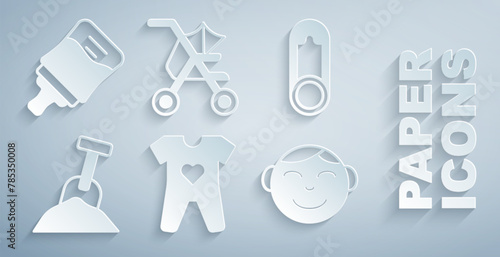 Set Baby clothes  pin  Sandbox with sand and shovel  Little boy head  stroller and bottle icon. Vector