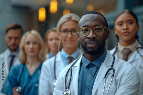 A group of people, including a woman in a white coat, are standing together. The group is diverse, with people of different races and genders