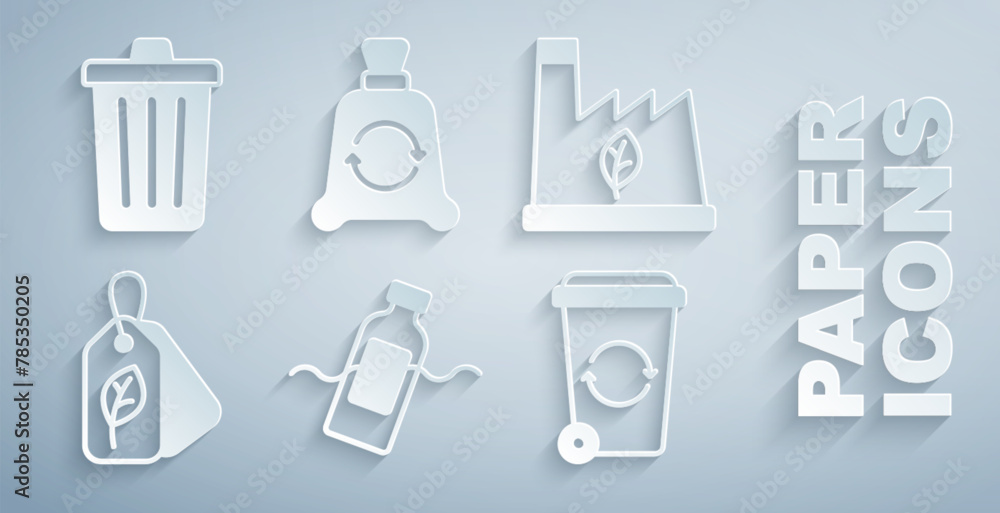 Set The problem of pollution, Plant recycling garbage, Tag with leaf, Recycle bin, Garbage recycle and Trash can icon. Vector