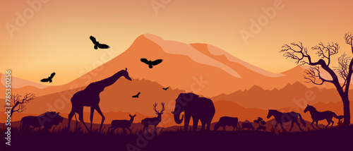 An African safari animal silhouette  with hill, mountain landscape scene on background vector illustration.