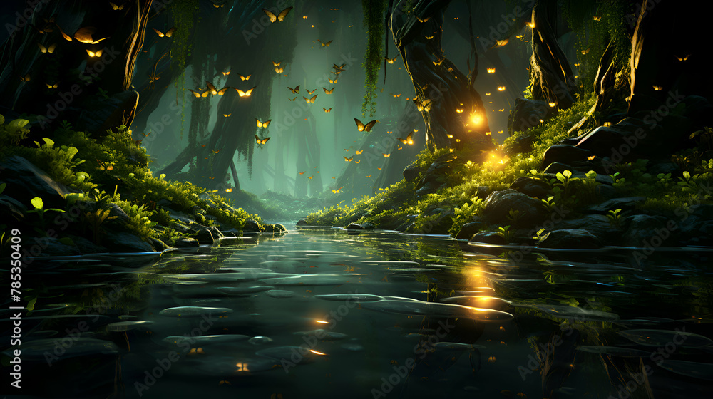 Fantasy dark forest with fog and light. 3d rendering.