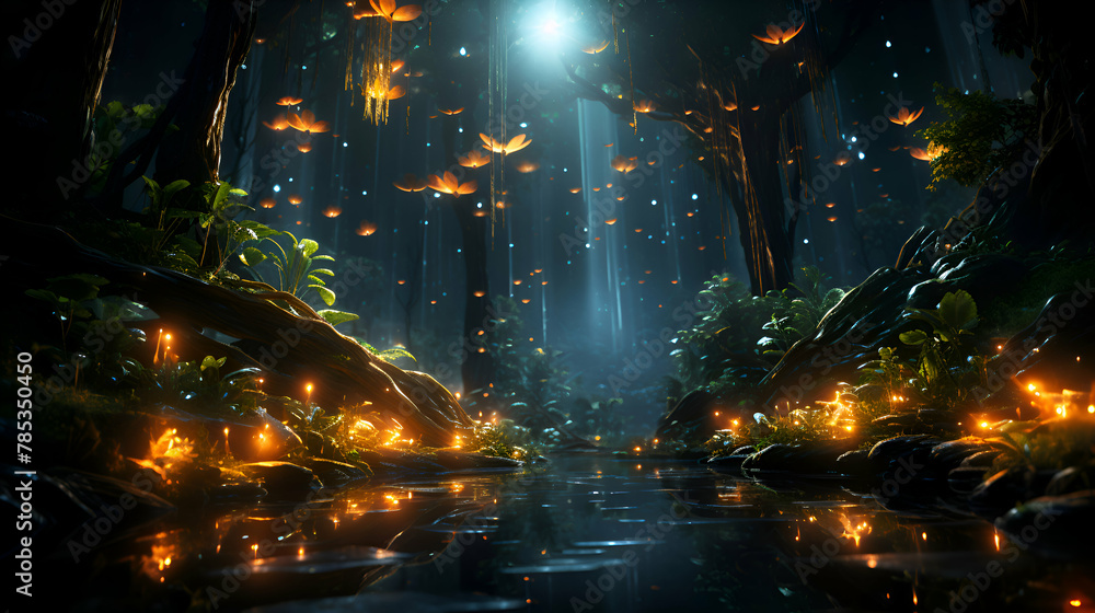 Fantasy dark forest with glowing neon lights. 3D Rendering