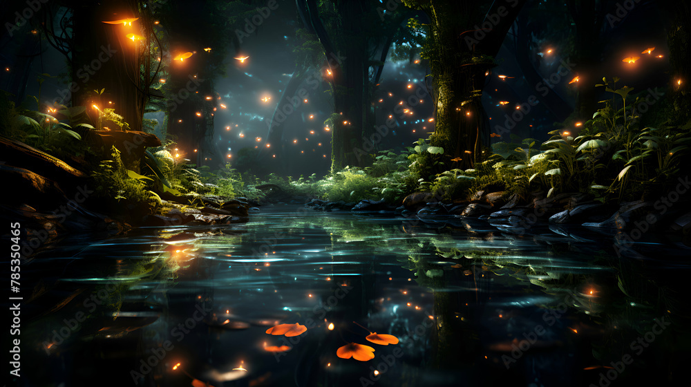 Fantasy landscape with a pond in the forest. 3d rendering