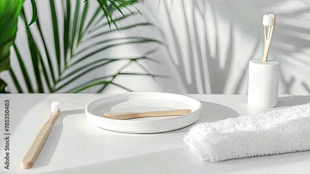a white ceramic plate on a minimalist white table, accompanied by a bamboo toothbrush and towels, offering a modern aesthetic for product display presentations.