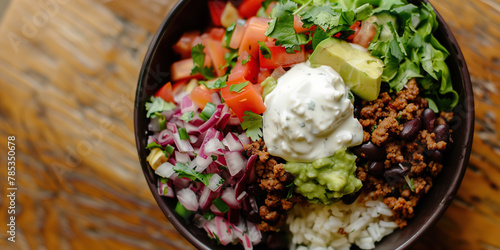 Mexican food concept. Juicy fresh burrito bowl served on wooden table in a cafe. Copy-space. Banner style. Flat lay view. Close up shot