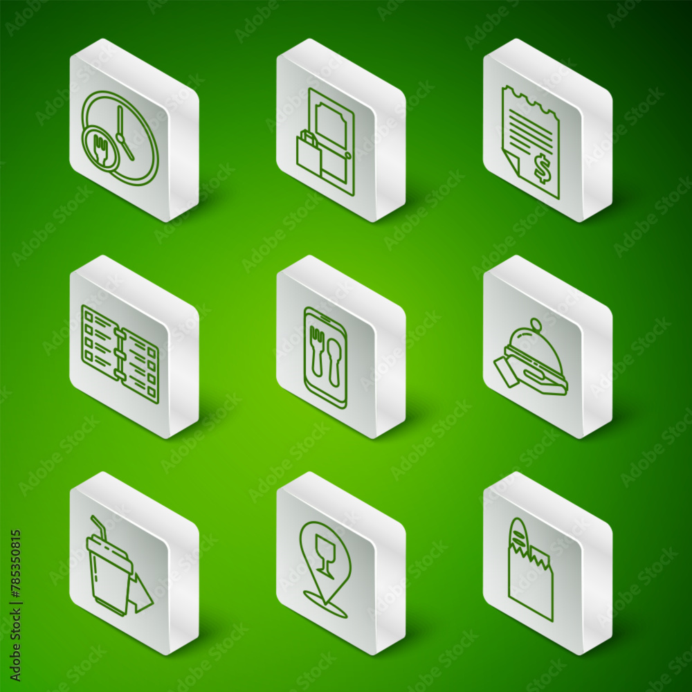 Set line Shopping bag and food, Alcohol or beer bar location, Round the clock delivery, Online ordering, Restaurant cafe menu, Coffee cup to go and Covered with tray icon. Vector