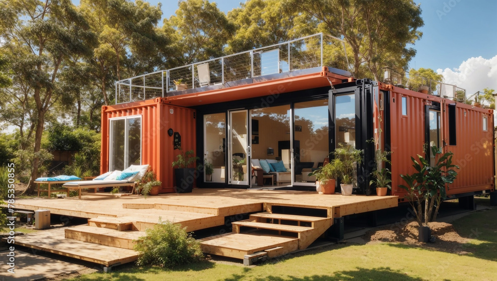 A house made out of a shipping container painted orange with a large glass window and door