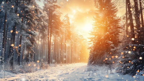 Snow falling in the air and sun shining through tall trees  Christmas time concept.