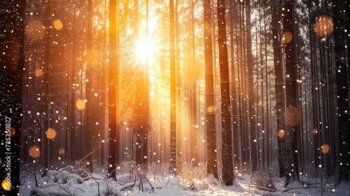 Snow falling in the air and sun shining through tall trees, Christmas time concept.