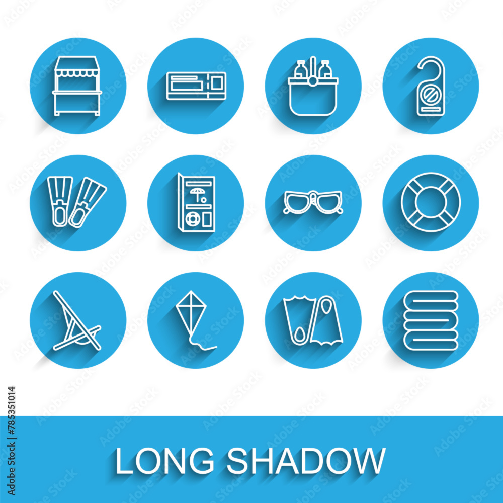 Set line Sunbed, Kite, Street stall with awning, Rubber flippers, Towel stack, Travel brochure, Lifebuoy and Glasses icon. Vector Set line Sunbed, Kite, Street stall with awning, Rubber flippers, Towel stack, Travel brochure, Lifebuoy and Glasses icon. Vector
