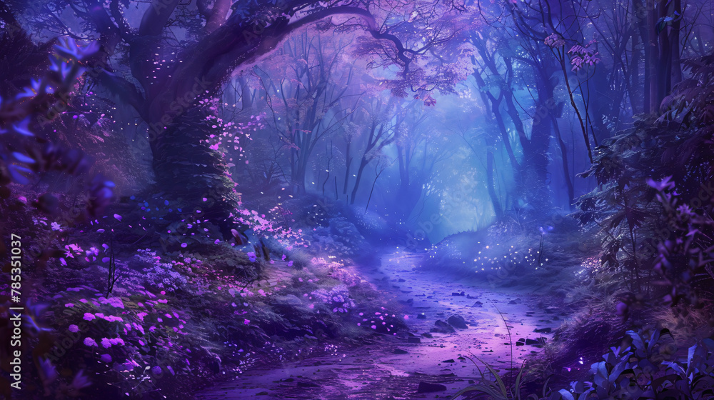 Fantasy and fairytale magical forest with purple