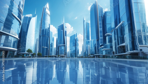 A modern city with many skyscrapers made of glass and steel