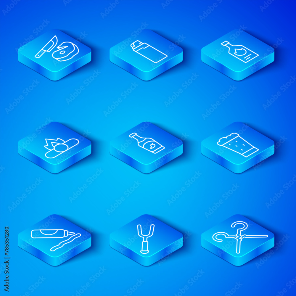 Set line Ketchup bottle, Barbecue fork, Glass of beer, Tabasco sauce, Campfire, Steak meat and knife and BBQ skewers icon. Vector Set line Ketchup bottle, Barbecue fork, Glass of beer, Tabasco sauce, Campfire, Steak meat and knife and BBQ skewers icon. Vector