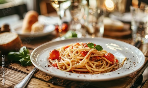 Delicious spaghetti with cherry tomatoes - A tempting plate of spaghetti garnished with fresh cherry tomatoes and basil on a rustic wooden table