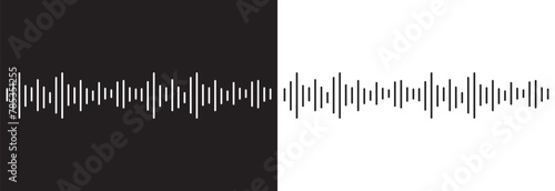 Set of waving, sound, vibration and pulsing lines. Graphic design elements for music app. Equalizer icons with soundwave line isolated on black and white background. Vector illustration. EPS 10