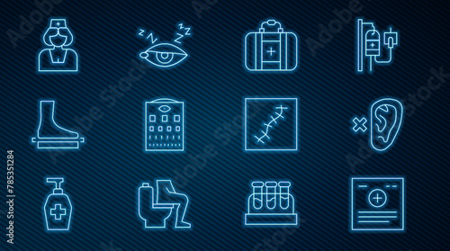 Set line Clinical record, Deaf, First aid kit, Eye test chart, Flat foot, Nurse, Scar with suture and Insomnia icon. Vector
