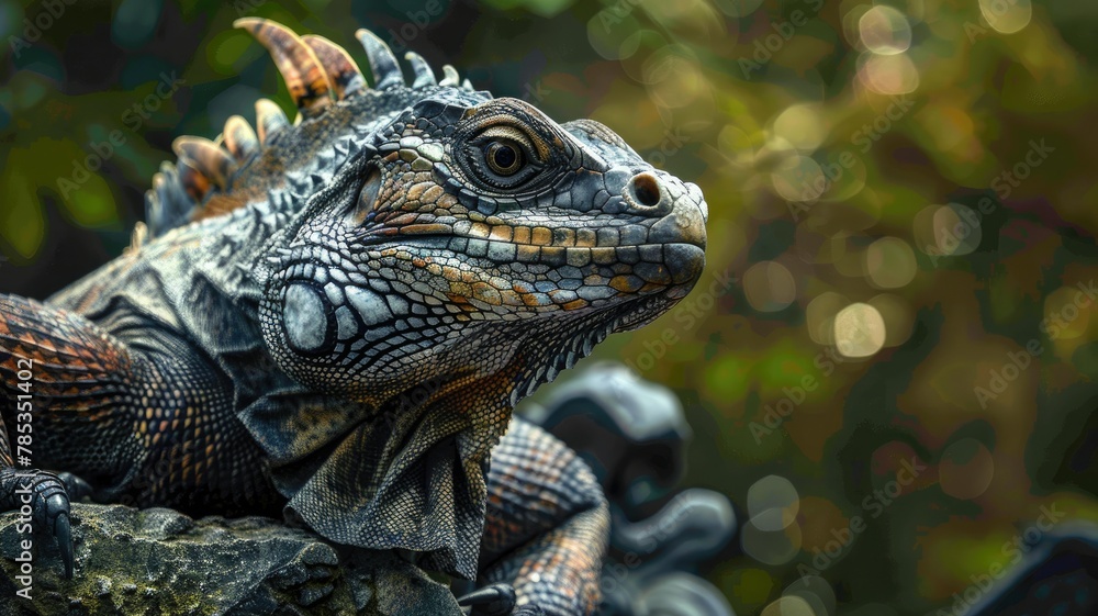 Iguana close-up with detailed skin texture - An intense close-up of an iguana showcasing its detailed skin texture amid a blurred green background Iguana close-up with detailed skin texture - An intense close-up of an iguana showcasing its detailed skin texture amid a blurred green background