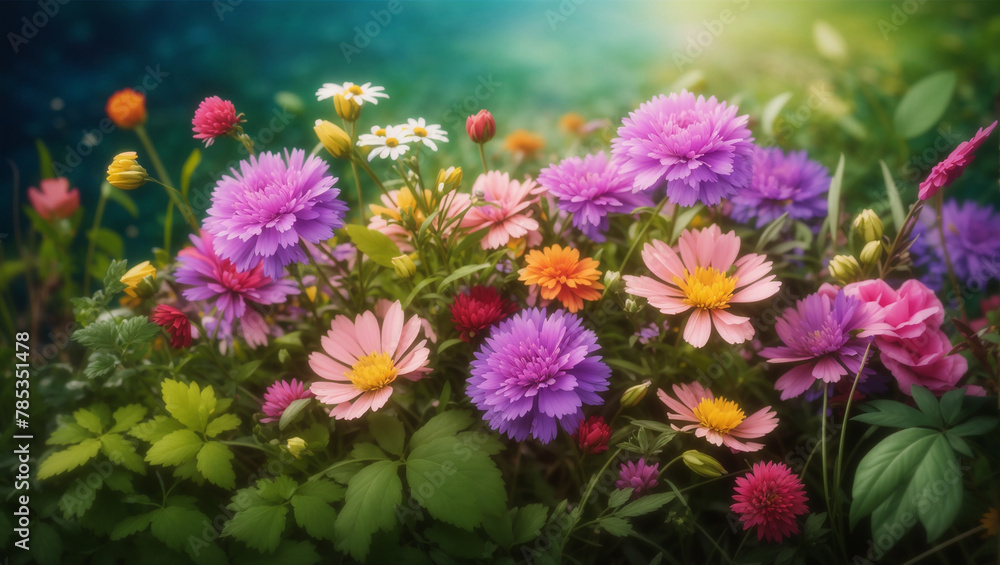 A variety of flowers in a field with a blurred background