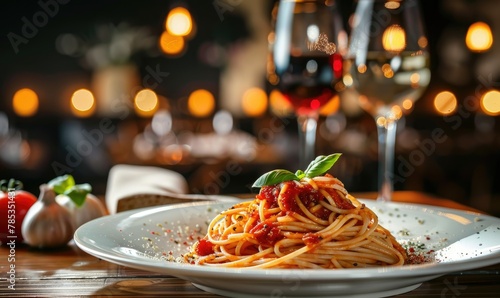 Spaghetti Pomodoro lit by candlelight - Candlelit dinner scene featuring a delicious spaghetti Pomodoro, offering a blend of taste and mood lighting