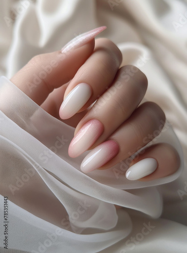Soft pink ombre nails with silk fabric