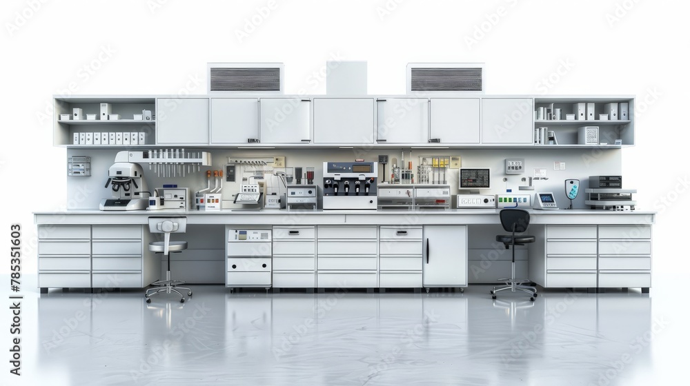 A white lab with a lot of equipment and a lot of shelves A white lab with a lot of equipment and a lot of shelves