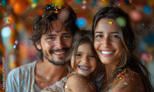 A family of three, a man, a woman and a child, are posing for a picture with confetti falling around them. The scene is joyful and celebratory