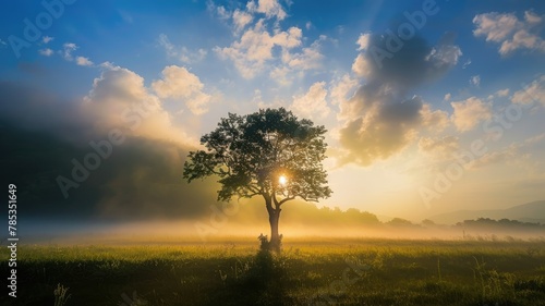 Lone tree in a sunlit misty field at dawn - Serene sunrise illuminates a solitary tree in a foggy meadow, symbolizing new beginnings and hope