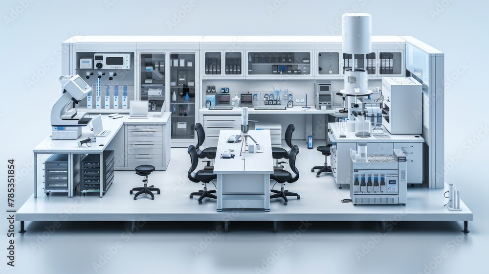 A white room with a lot of equipment and a computer A white room with a lot of equipment and a computer