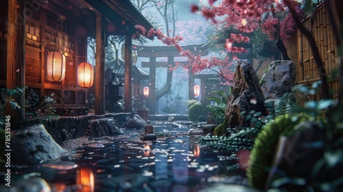 Japanese garden with cherry blossoms - Traditional Japanese garden portraying a peaceful ambience with cherry blossoms, reflecting pond, and lanterns at dusk