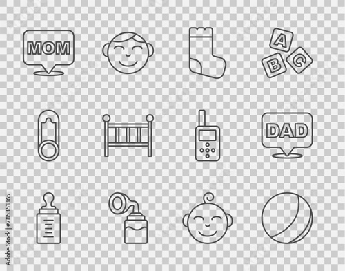 Set line Baby bottle, Beach ball, socks, Breast pump, Speech bubble mom, crib cradle bed, Little boy head and dad icon. Vector