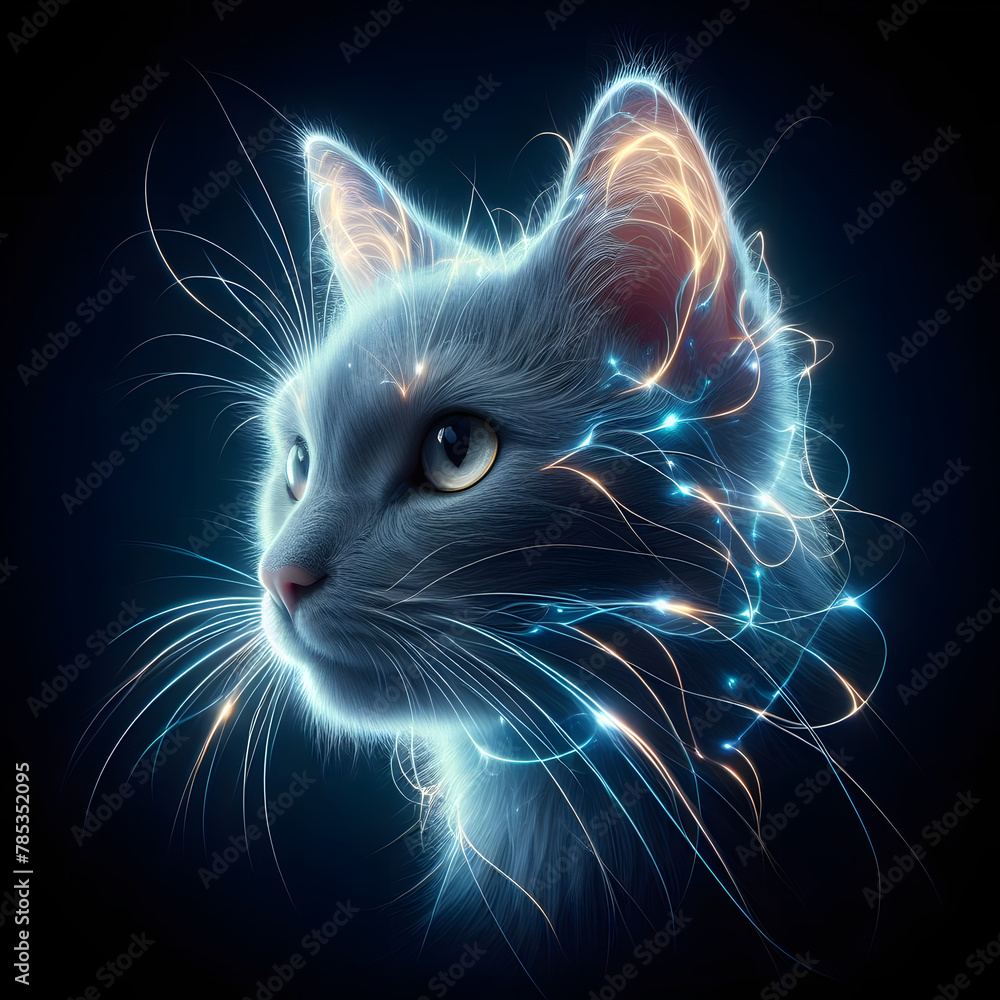 Cat head, isolated on a dark background, bioluminescent lightning, Close Up