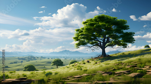 Lonely tree on a hillside with mountains in the background