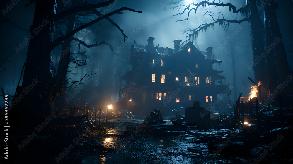 Scary halloween haunted house in a spooky dark forest. Horror Halloween concept