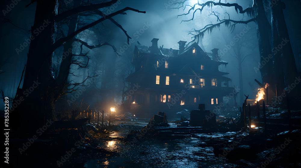 Obraz premium Scary halloween haunted house in a spooky dark forest. Horror Halloween concept