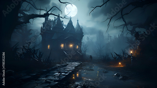 Halloween background with haunted house and moon. 3D Rendering
