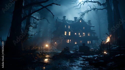 Scary halloween haunted house in a spooky dark forest. Horror Halloween concept