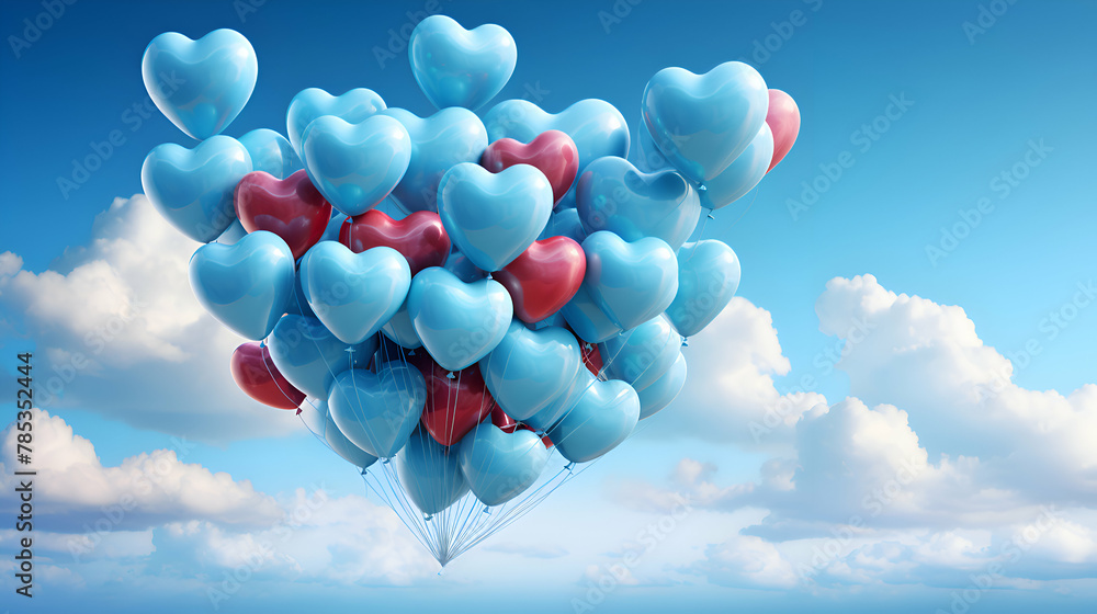 Heart shaped balloons flying in the blue sky. 3D Rendering