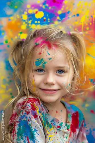 A little girl with colorful paint on her face.