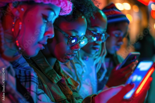 A group of young people using mobile phones on the street, vibrant colors,.