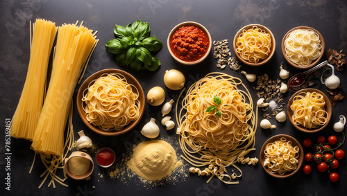 A variety of dried pasta, tomatoes, garlic, basil, and olive oil on a table