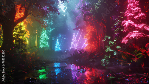 Deep in a forest of unique psychedelic trees. neon rainbow light