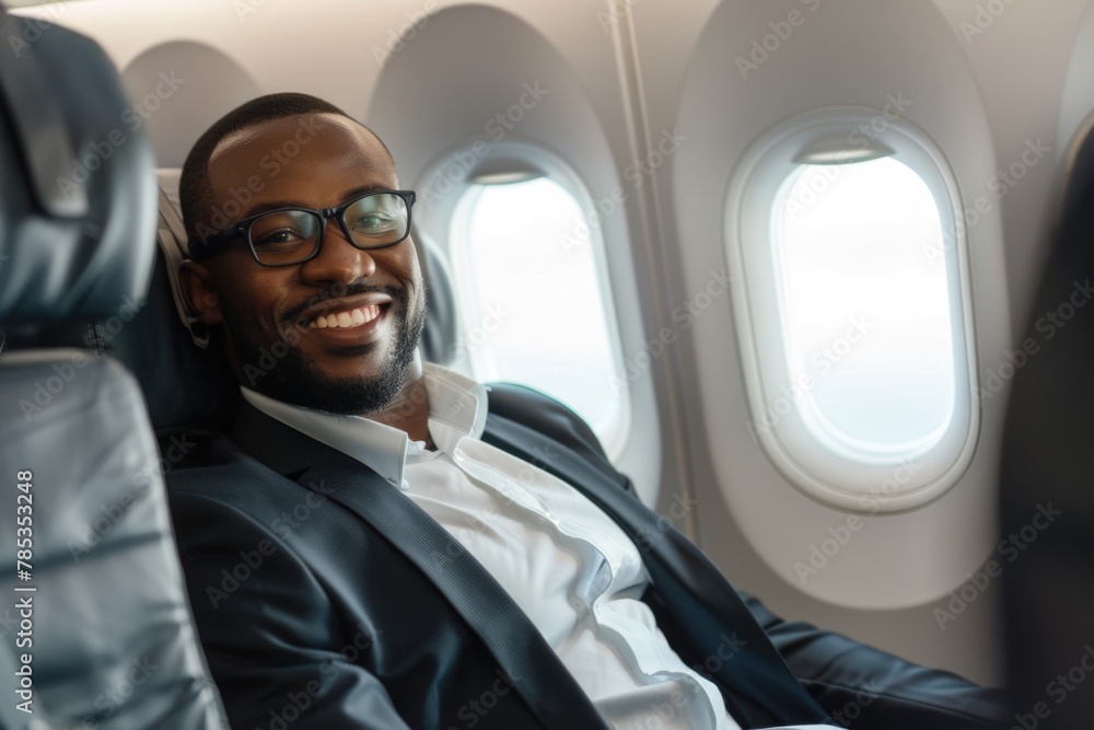 Happy African American businessman sitting in the first class of an airplane and smiling .