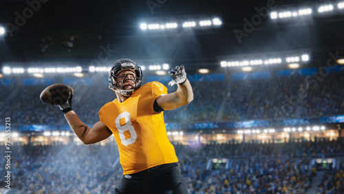 Photos Aesthetic Shot of American Football Player Throwing a Ball on Big Stadium With Crowd Cheering