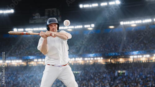Aesthetic Shot of Batter Successfully Hitting A Ball Thrown By Pitcher on Stadium With Crowd Cheering. International Baseball Championship Match on Arena Full of Fans Supporting Favourite Team