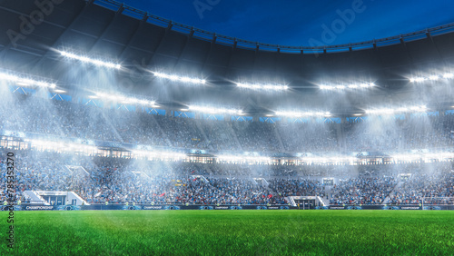 Aesthetic Shot of Empty Soccer Football Stadium With Crowd Of Fans Cheering in Excitement Before the Match. Lights Are Shining on The Sports Arena Grass Field, Supporters Waiting For the Final Game