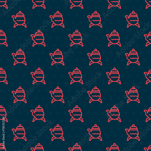 Red line Classic teapot icon isolated seamless pattern on black background. Vector