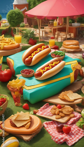 Picnic Outdoors with Hot Dogs and Snacks