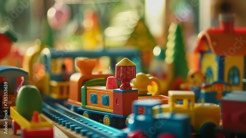 Colorful toy trains on table, a fun recreation event